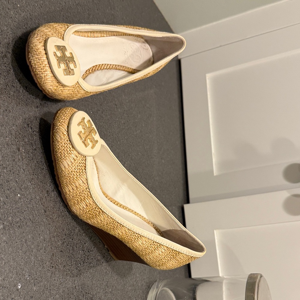 Tory Burch Raffia Woven Beige Wedge Shoes